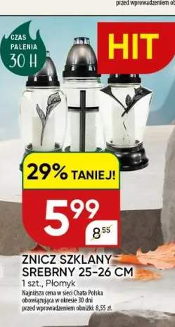 Znicz szklany srebrny 25-26 cm Płomyk
